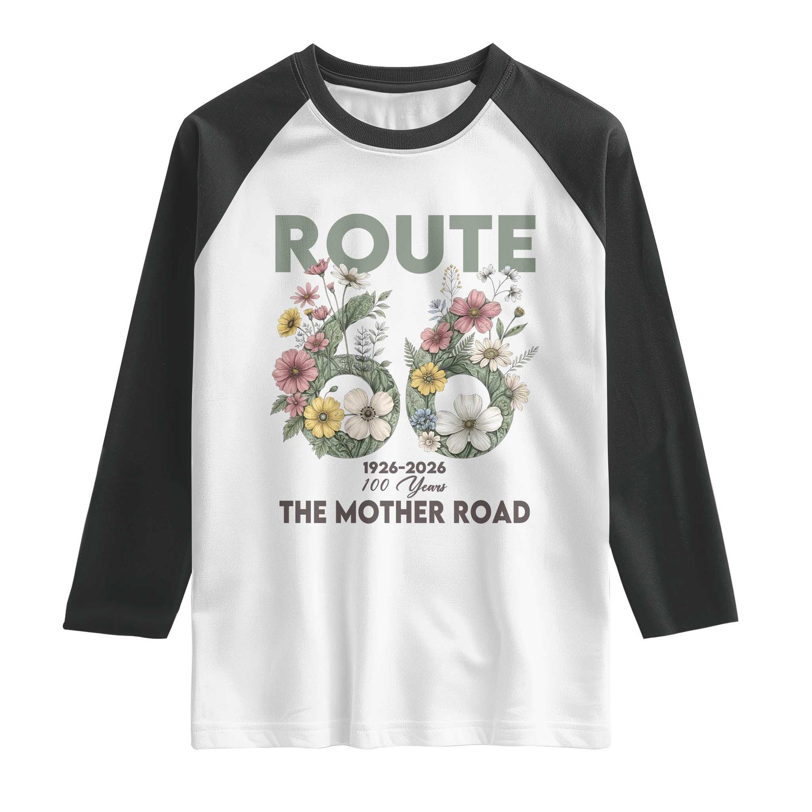 Route Highway 66 Raglan Shirt Floral Centennial 100 Year Anniversary TS12 White Black Print Your Wear