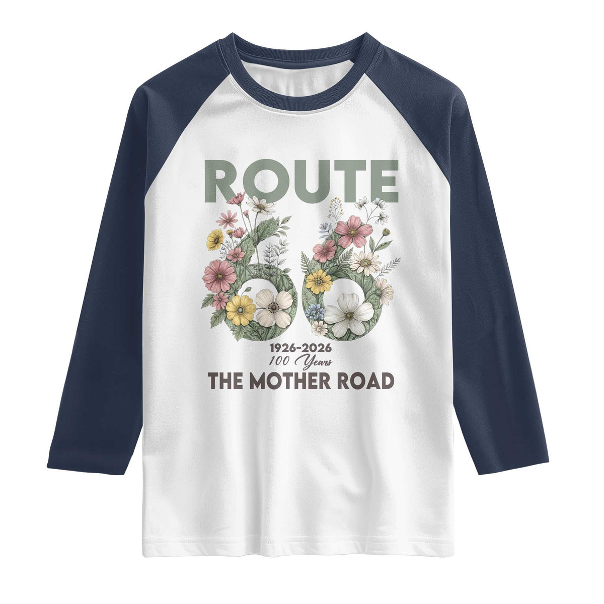 Route Highway 66 Raglan Shirt Floral Centennial 100 Year Anniversary TS12 White Navy Print Your Wear