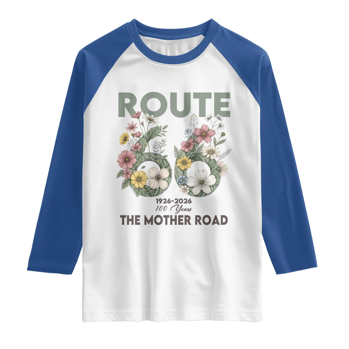 Route Highway 66 Raglan Shirt Floral Centennial 100 Year Anniversary TS12 White Royal Print Your Wear
