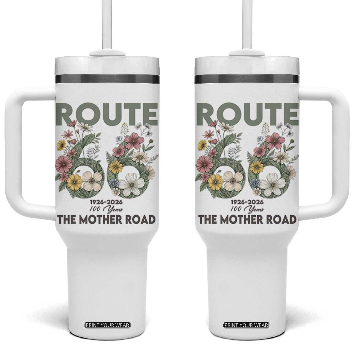 Route Highway 66 Tumbler With Handle Floral Centennial 100 Year Anniversary TS12 One Size: 40 oz White Print Your Wear