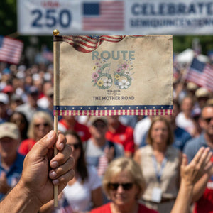 Route Highway 66 Patriotic Handheld Flag Floral Centennial 100 Year Anniversary TS12 Vintage 8.2" × 5.5" Rustic Tan Navy Print Your Wear