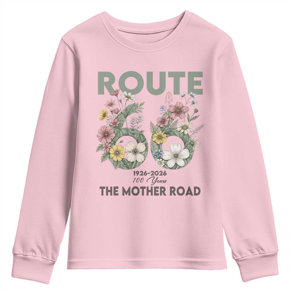 Route Highway 66 Youth Sweatshirt Floral Centennial 100 Year Anniversary TS12 Light Pink Print Your Wear