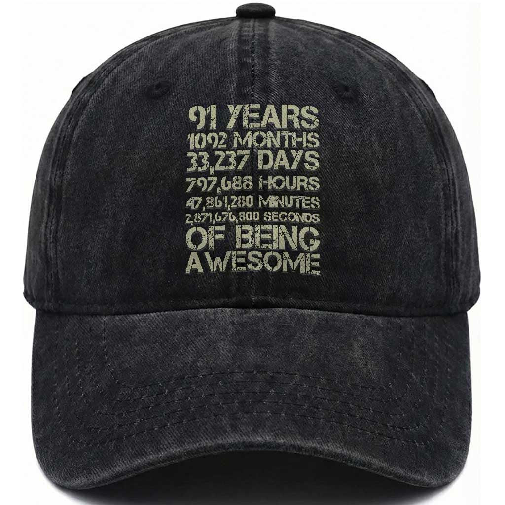 Vintage 91st Milestone Birthday Washed Cotton Baseball Cap 91 Years Of Being Awesome TS12 Print Your Wear