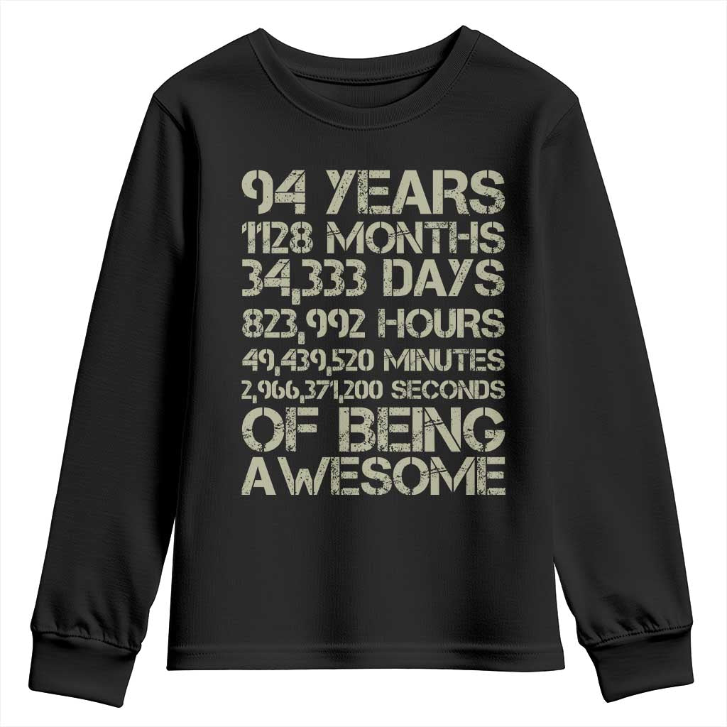 Vintage 94th Milestone Birthday Youth Sweatshirt 94 Years Of Being Awesome TS12 Black Print Your Wear
