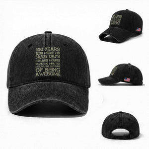 Vintage 100th Milestone Birthday Washed Cotton Baseball Cap 100 Years Of Being Awesome TS12 Washed Cap Universal Fit Black Print Your Wear