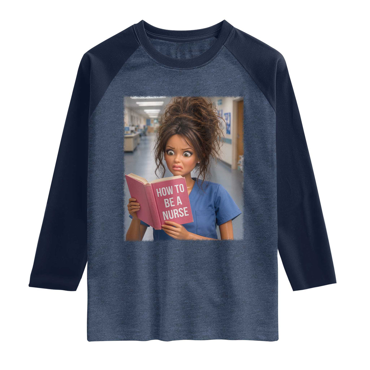 Funny Nursing Student Doll Face Meme Raglan Shirt Future Nurse Gift TS12 Heather Denim Navy Print Your Wear