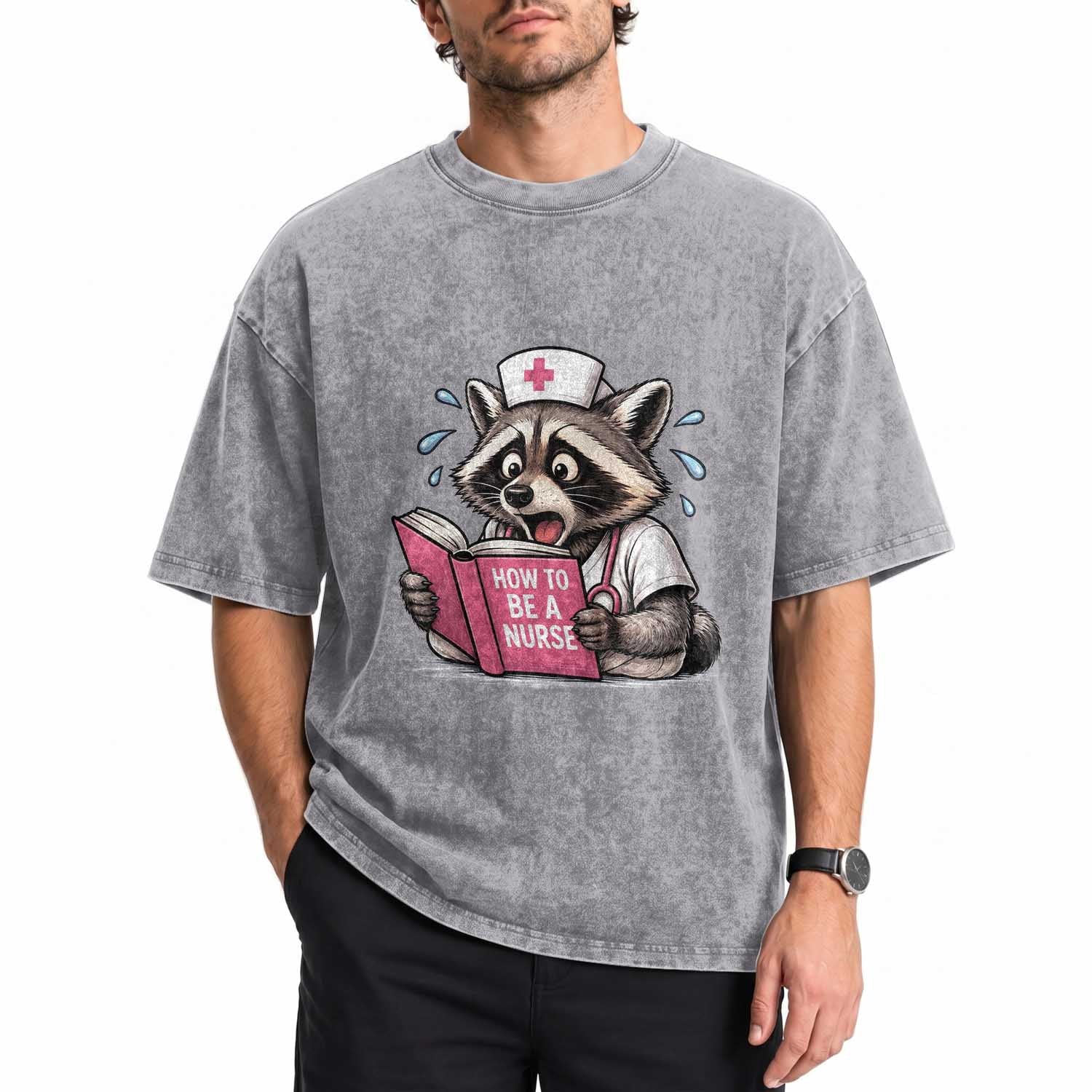Funny Raccoon Nursing Student Healthcare Gift Washed Cotton T-Shirt