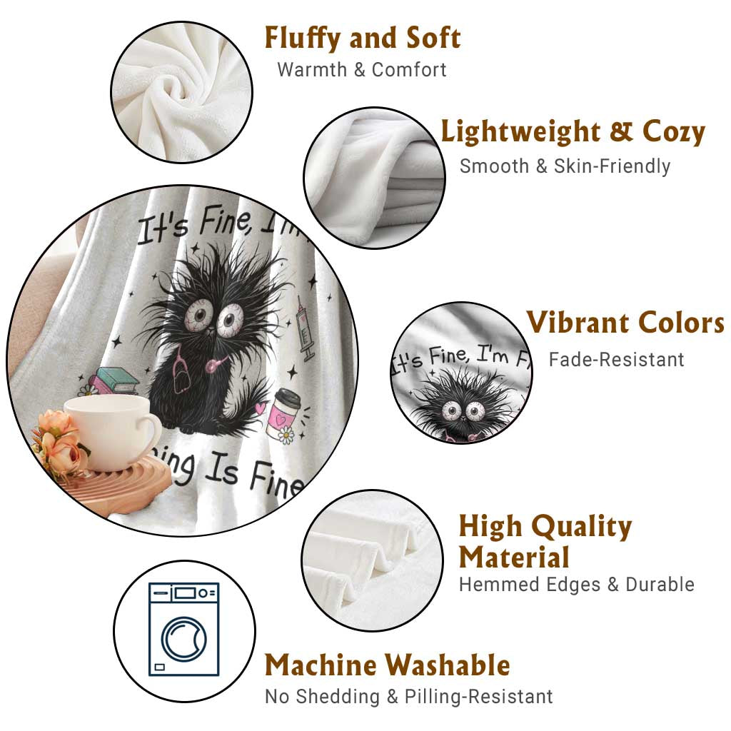 Funny Stressed Black Cat Nursing Student Life Throw Blanket ts Fine Im Fine Everything Is Fine TS12 Print Your Wear