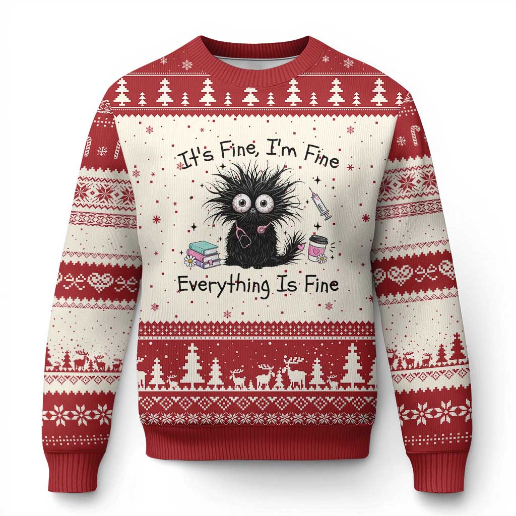 Funny Stressed Black Cat Nursing Student Life Ugly Christmas Sweater ts Fine Im Fine Everything Is Fine TS12 Beige Red Print Your Wear