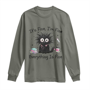 Funny Stressed Black Cat Nursing Student Life Long Sleeve Shirt ts Fine Im Fine Everything Is Fine TS12 Military Green Print Your Wear