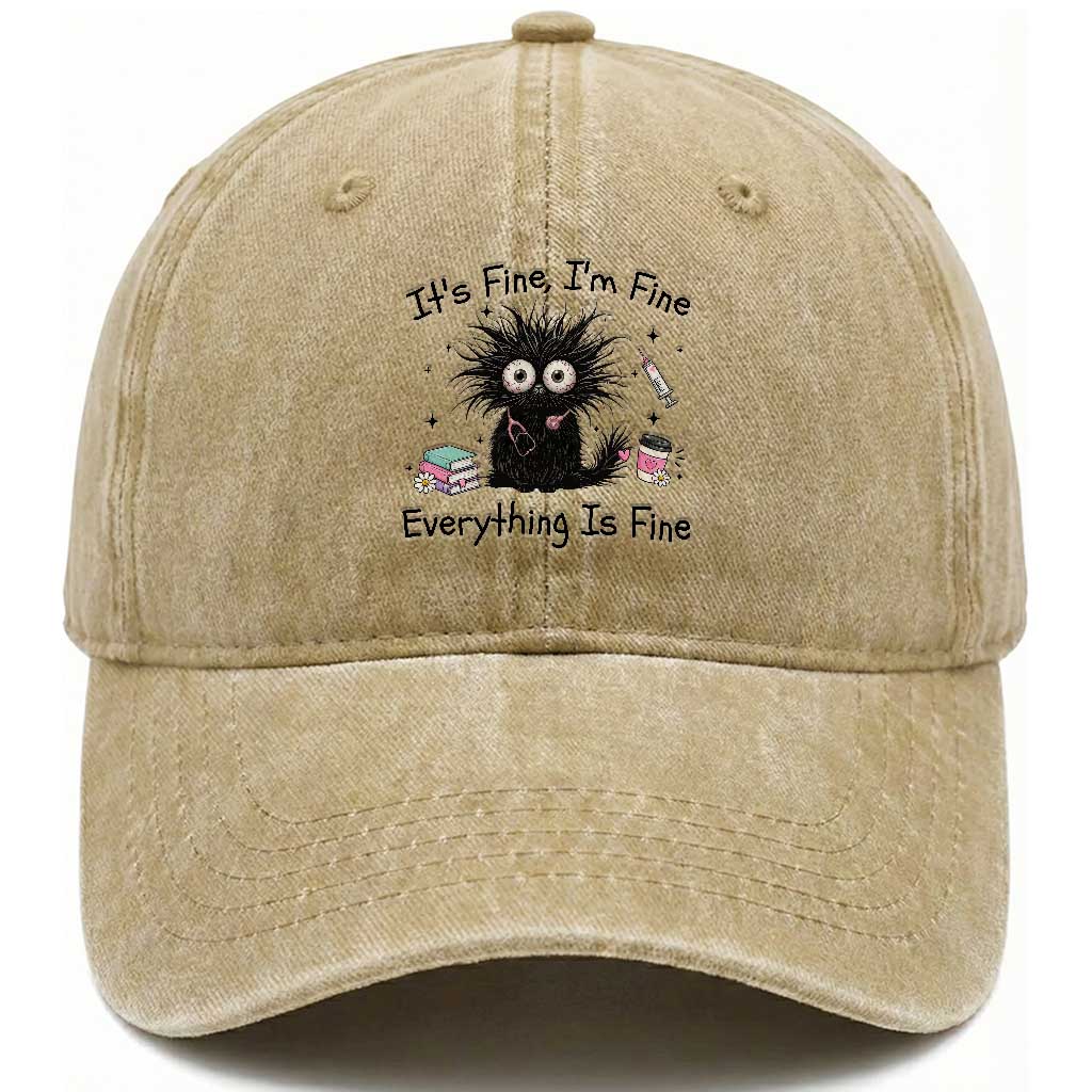 Funny Stressed Black Cat Nursing Student Life Washed Cotton Baseball Cap ts Fine Im Fine Everything Is Fine TS12 Print Your Wear
