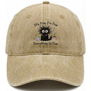 Funny Stressed Black Cat Nursing Student Life Washed Cotton Baseball Cap ts Fine Im Fine Everything Is Fine TS12 Print Your Wear