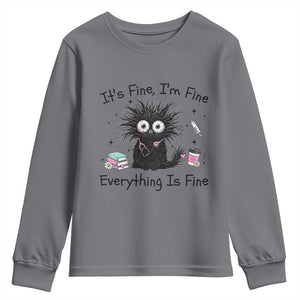 Funny Stressed Black Cat Nursing Student Life Youth Sweatshirt ts Fine Im Fine Everything Is Fine TS12 Charcoal Print Your Wear
