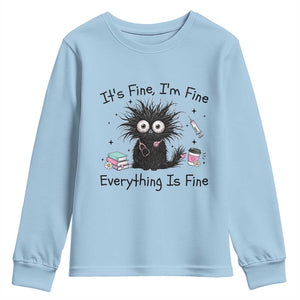 Funny Stressed Black Cat Nursing Student Life Youth Sweatshirt ts Fine Im Fine Everything Is Fine TS12 Light Blue Print Your Wear