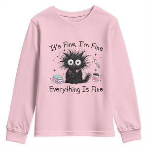 Funny Stressed Black Cat Nursing Student Life Youth Sweatshirt ts Fine Im Fine Everything Is Fine TS12 Light Pink Print Your Wear