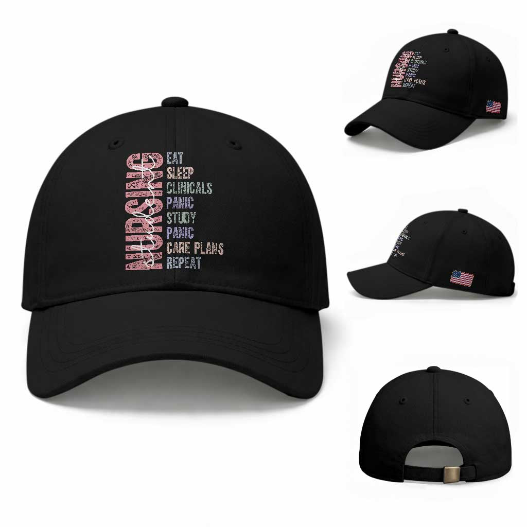 Funny Student Nurse Life Baseball Cap Eat Sleep Clinicals Panic Study Repeat TS12 Baseball Cap Universal Fit Black Print Your Wear