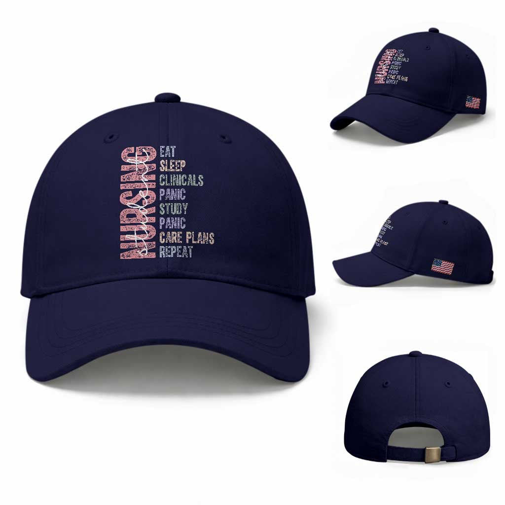 Funny Student Nurse Life Baseball Cap Eat Sleep Clinicals Panic Study Repeat TS12 Baseball Cap Universal Fit Dark Blue Print Your Wear