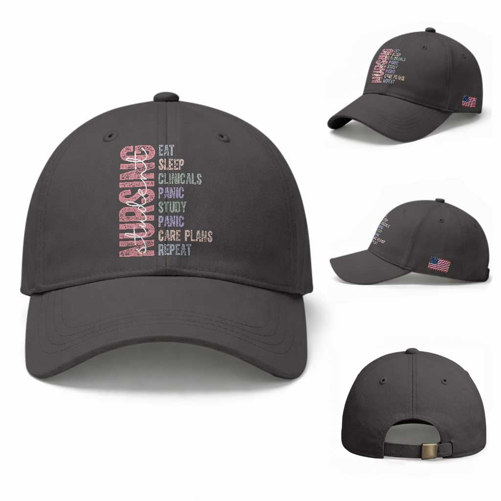 Funny Student Nurse Life Baseball Cap Eat Sleep Clinicals Panic Study Repeat TS12 Baseball Cap Universal Fit Dark Gray Print Your Wear