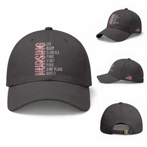 Funny Student Nurse Life Baseball Cap Eat Sleep Clinicals Panic Study Repeat TS12 Baseball Cap Universal Fit Dark Gray Print Your Wear