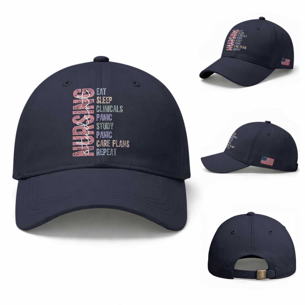 Funny Student Nurse Life Baseball Cap Eat Sleep Clinicals Panic Study Repeat TS12 Baseball Cap Universal Fit Navy Print Your Wear
