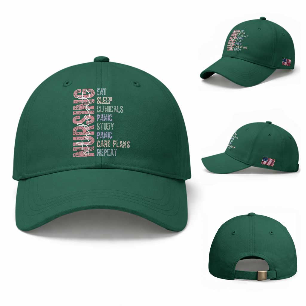Funny Student Nurse Life Baseball Cap Eat Sleep Clinicals Panic Study Repeat TS12 Baseball Cap Universal Fit Irish Green Print Your Wear