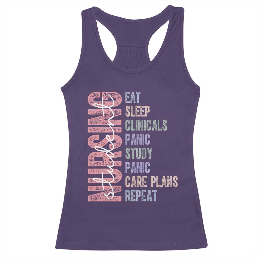 Funny Student Nurse Life Racerback Tank Top Eat Sleep Clinicals Panic Study Repeat TS12 Purple Print Your Wear