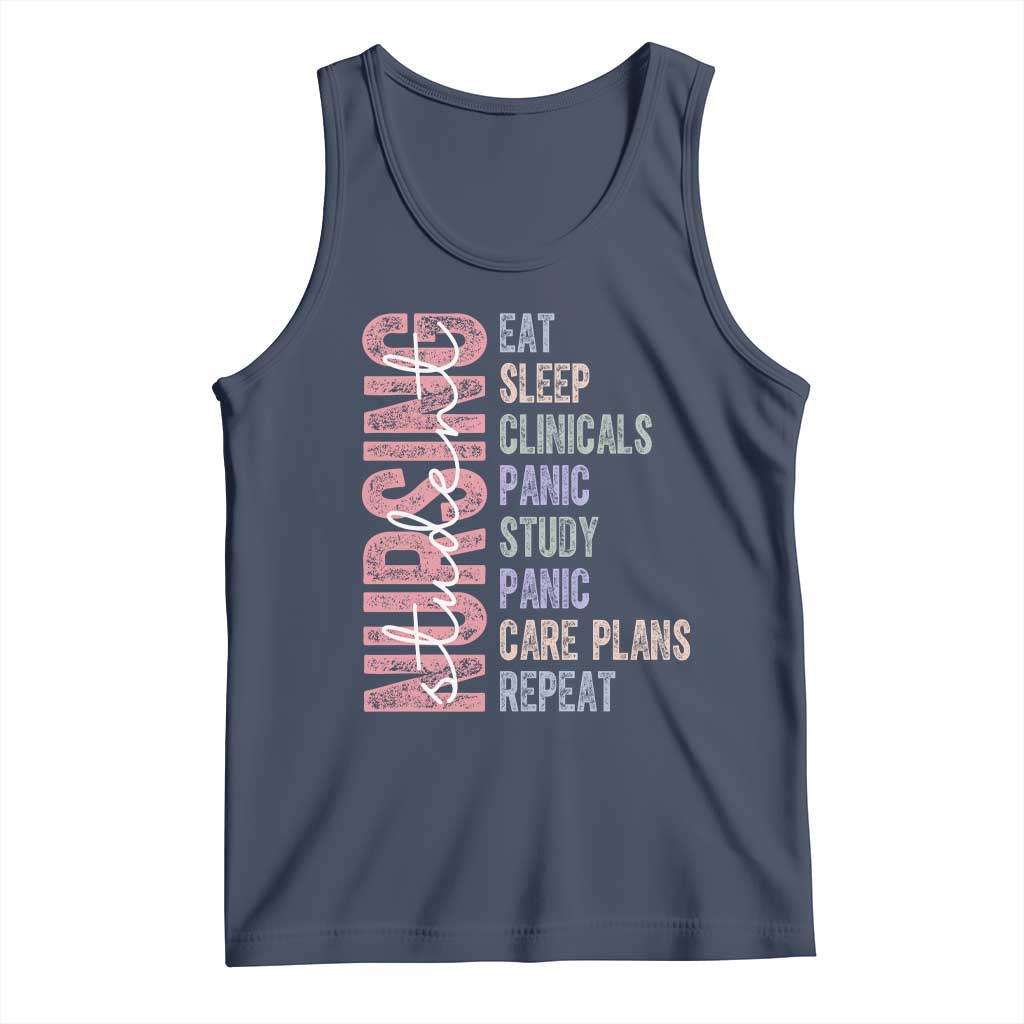 Funny Student Nurse Life Tank Top Eat Sleep Clinicals Panic Study Repeat TS12 Navy Print Your Wear