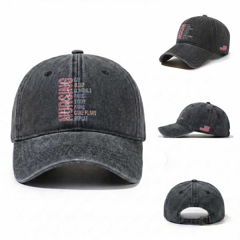 Funny Student Nurse Life Washed Cotton Baseball Cap Eat Sleep Clinicals Panic Study Repeat TS12 Washed Cap Universal Fit Dark Gray Print Your Wear