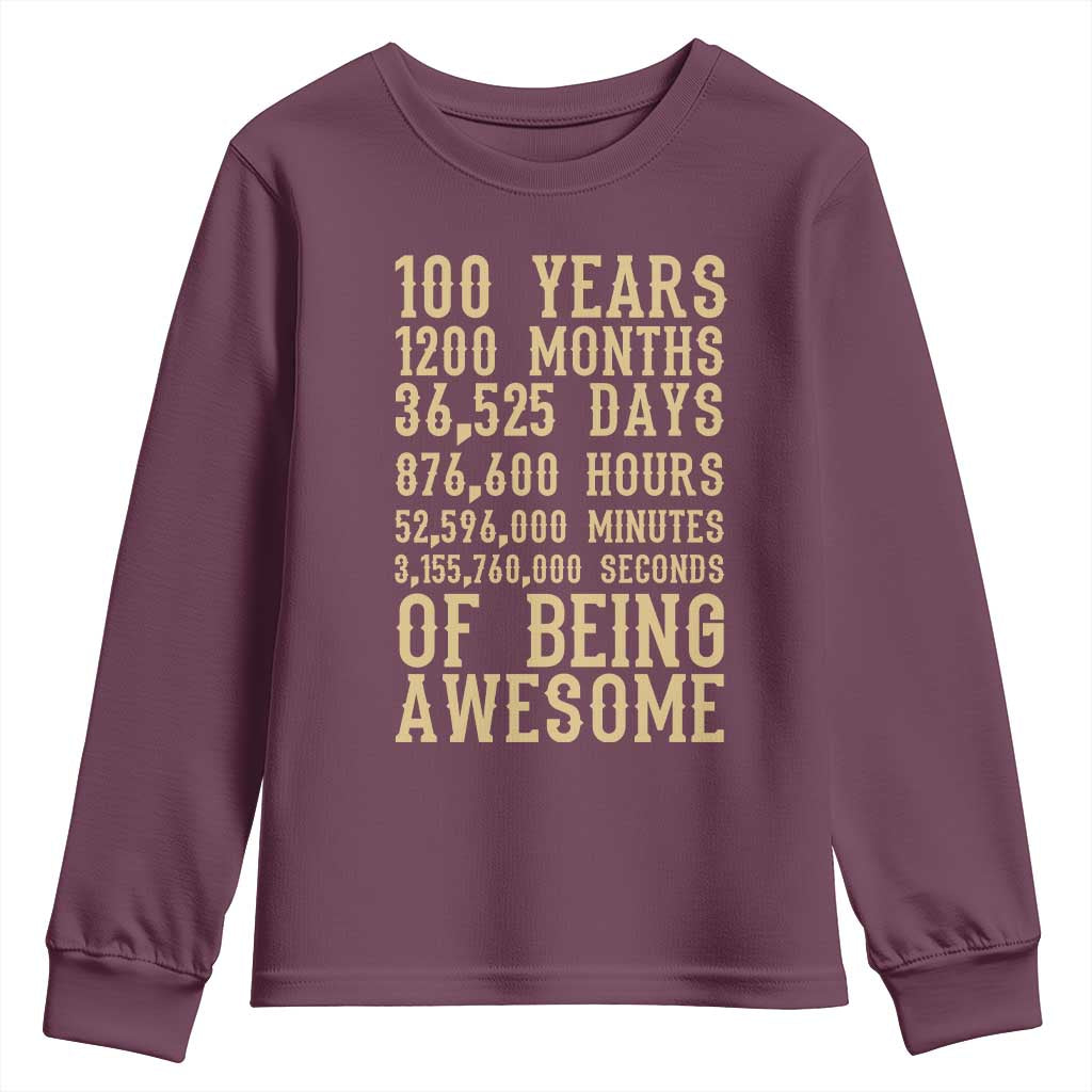 Vintage 100th Birthday Gift Youth Sweatshirt 100 Years Of Being Awesome TS12 Maroon Print Your Wear