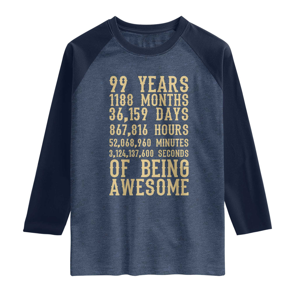 Vintage 99th Birthday Gift Raglan Shirt 99 Years Of Being Awesome TS12 Heather Denim Navy Print Your Wear