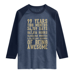 Vintage 99th Birthday Gift Raglan Shirt 99 Years Of Being Awesome TS12 Heather Denim Navy Print Your Wear