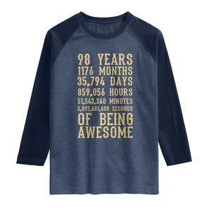 Vintage 98th Birthday Gift Raglan Shirt 98 Years Of Being Awesome TS12 Heather Denim Navy Print Your Wear