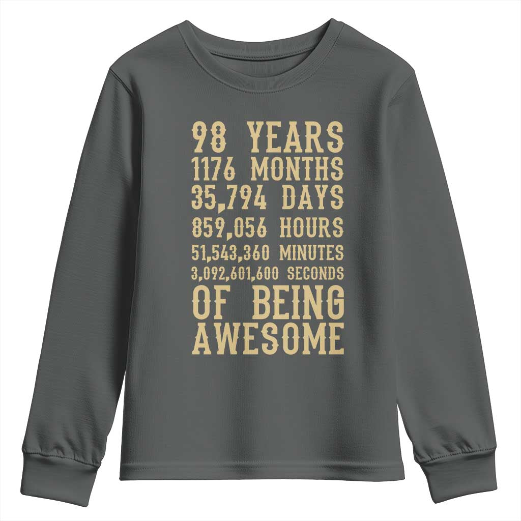Vintage 98th Birthday Gift Youth Sweatshirt 98 Years Of Being Awesome TS12 Dark Heather Print Your Wear