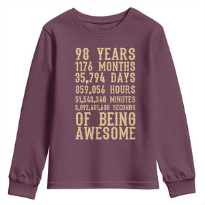 Vintage 98th Birthday Gift Youth Sweatshirt 98 Years Of Being Awesome TS12 Maroon Print Your Wear