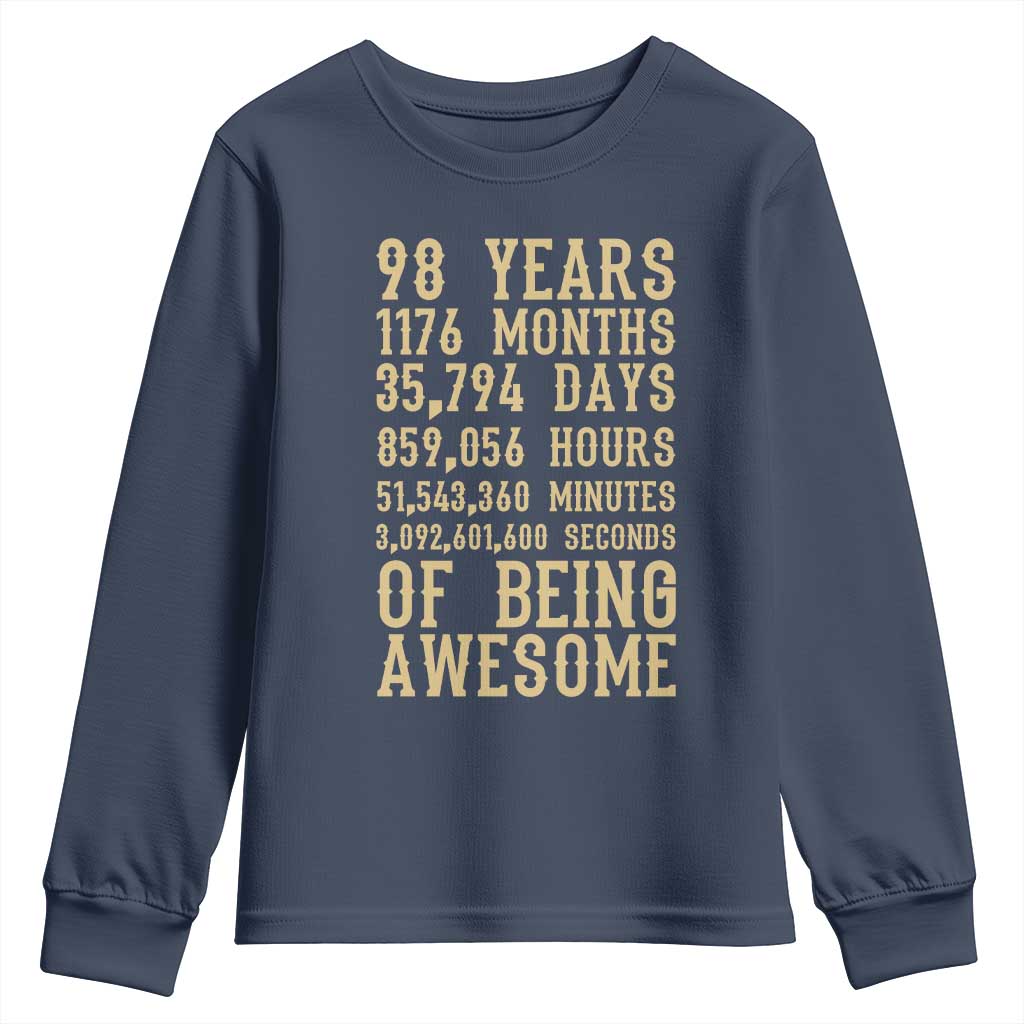 Vintage 98th Birthday Gift Youth Sweatshirt 98 Years Of Being Awesome TS12 Navy Print Your Wear