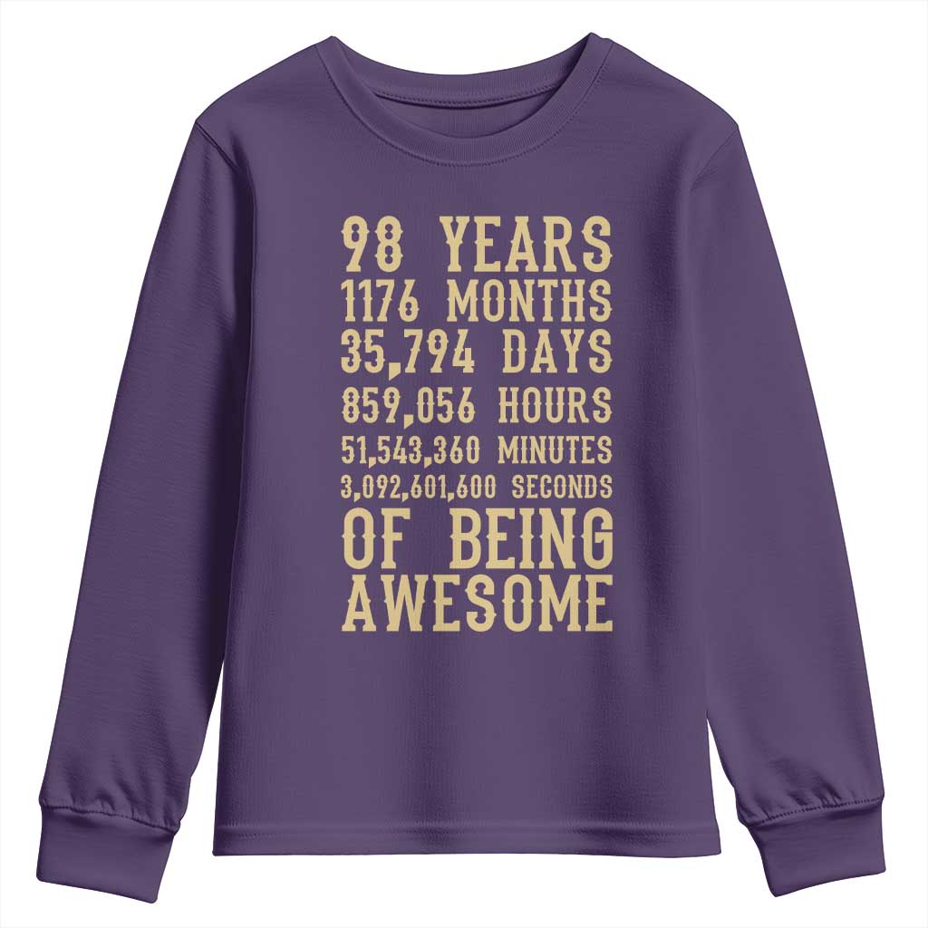 Vintage 98th Birthday Gift Youth Sweatshirt 98 Years Of Being Awesome TS12 Purple Print Your Wear