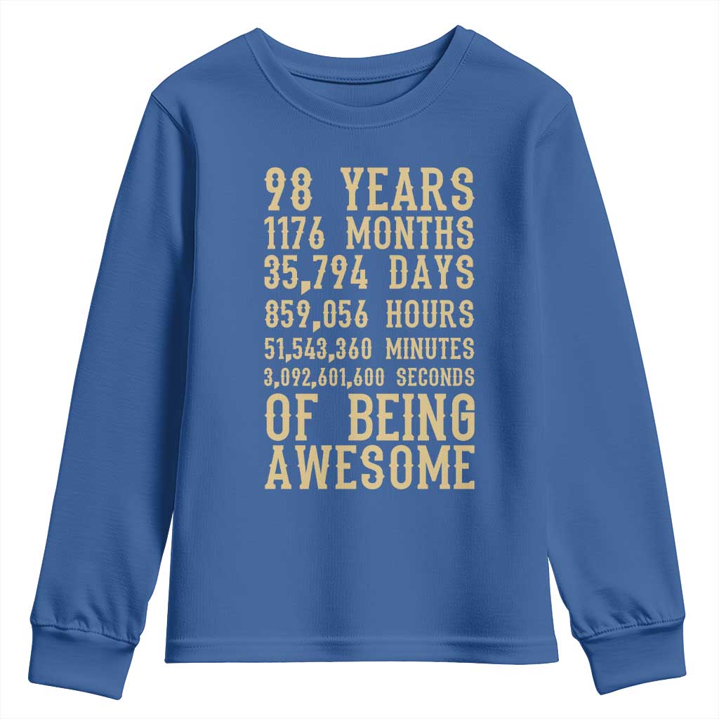 Vintage 98th Birthday Gift Youth Sweatshirt 98 Years Of Being Awesome TS12 Royal Blue Print Your Wear