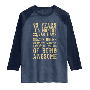 Vintage 93rd Birthday Gift Raglan Shirt 93 Years Of Being Awesome TS12 Heather Denim Navy Print Your Wear