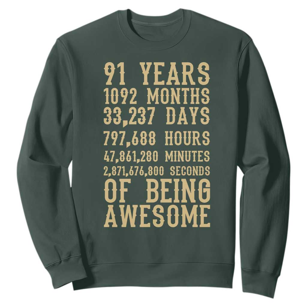 Vintage 91st Birthday Gift Sweatshirt 91 Years Of Being Awesome TS12 Dark Forest Green Print Your Wear