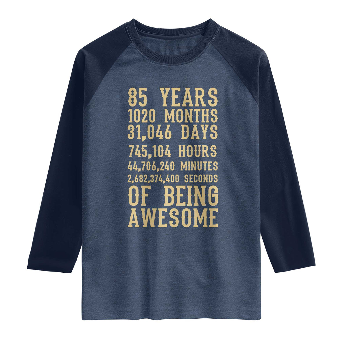 Vintage 85th Birthday Gift Raglan Shirt 85 Years Of Being Awesome TS12 Heather Denim Navy Print Your Wear