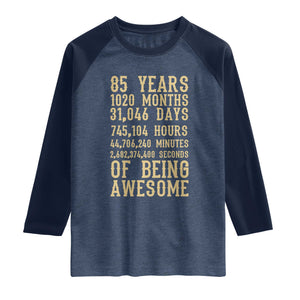 Vintage 85th Birthday Gift Raglan Shirt 85 Years Of Being Awesome TS12 Heather Denim Navy Print Your Wear