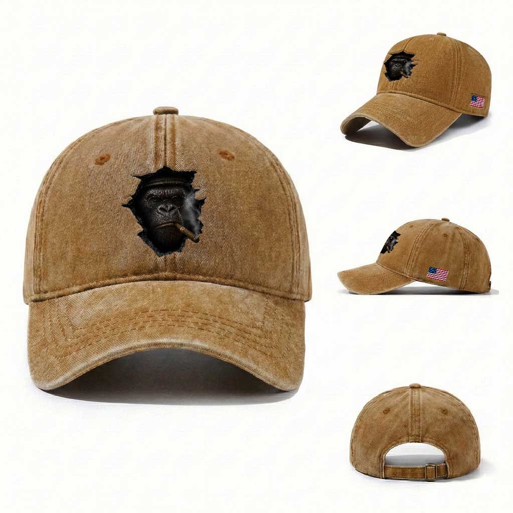Cool Gorilla With Cigar Washed Cotton Baseball Cap Animal Lover Gift TS12 Washed Cap Universal Fit Yellow Ochre Print Your Wear