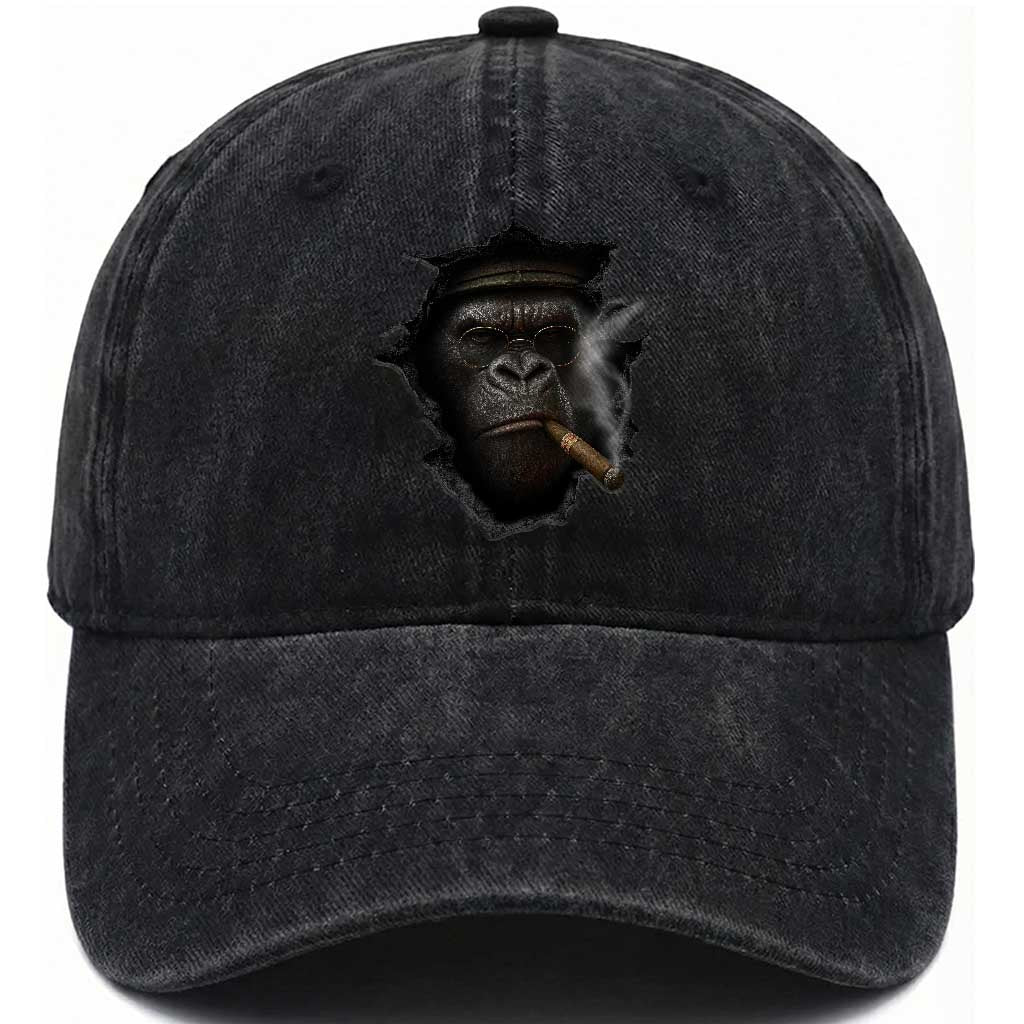 Cool Gorilla With Cigar Washed Cotton Baseball Cap Animal Lover Gift TS12 Washed Cap Universal Fit Black Print Your Wear
