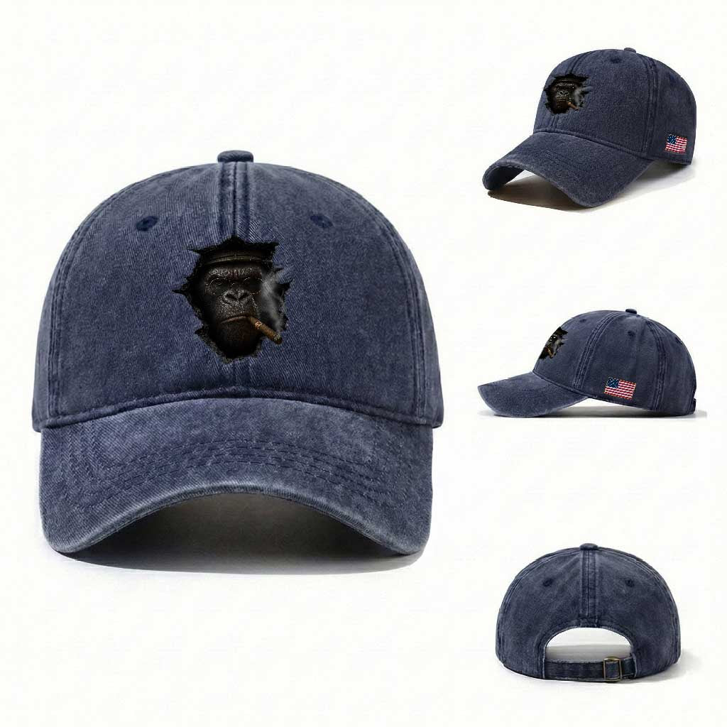 Cool Gorilla With Cigar Washed Cotton Baseball Cap Animal Lover Gift TS12 Washed Cap Universal Fit Navy Print Your Wear