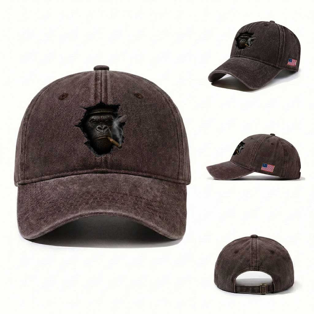 Cool Gorilla With Cigar Washed Cotton Baseball Cap Animal Lover Gift TS12 Washed Cap Universal Fit Dark Brown Print Your Wear