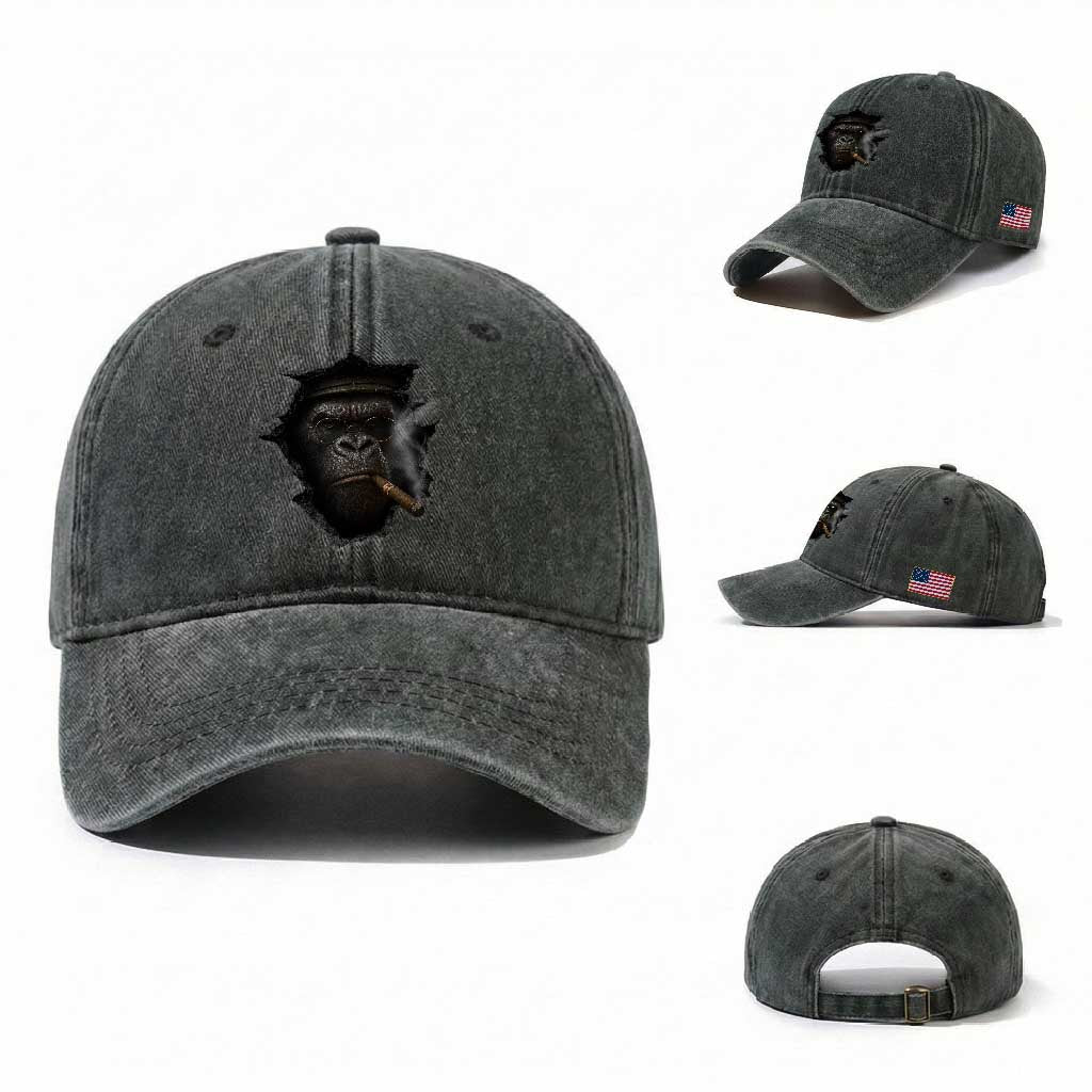 Cool Gorilla With Cigar Washed Cotton Baseball Cap Animal Lover Gift TS12 Washed Cap Universal Fit Dark Green Print Your Wear