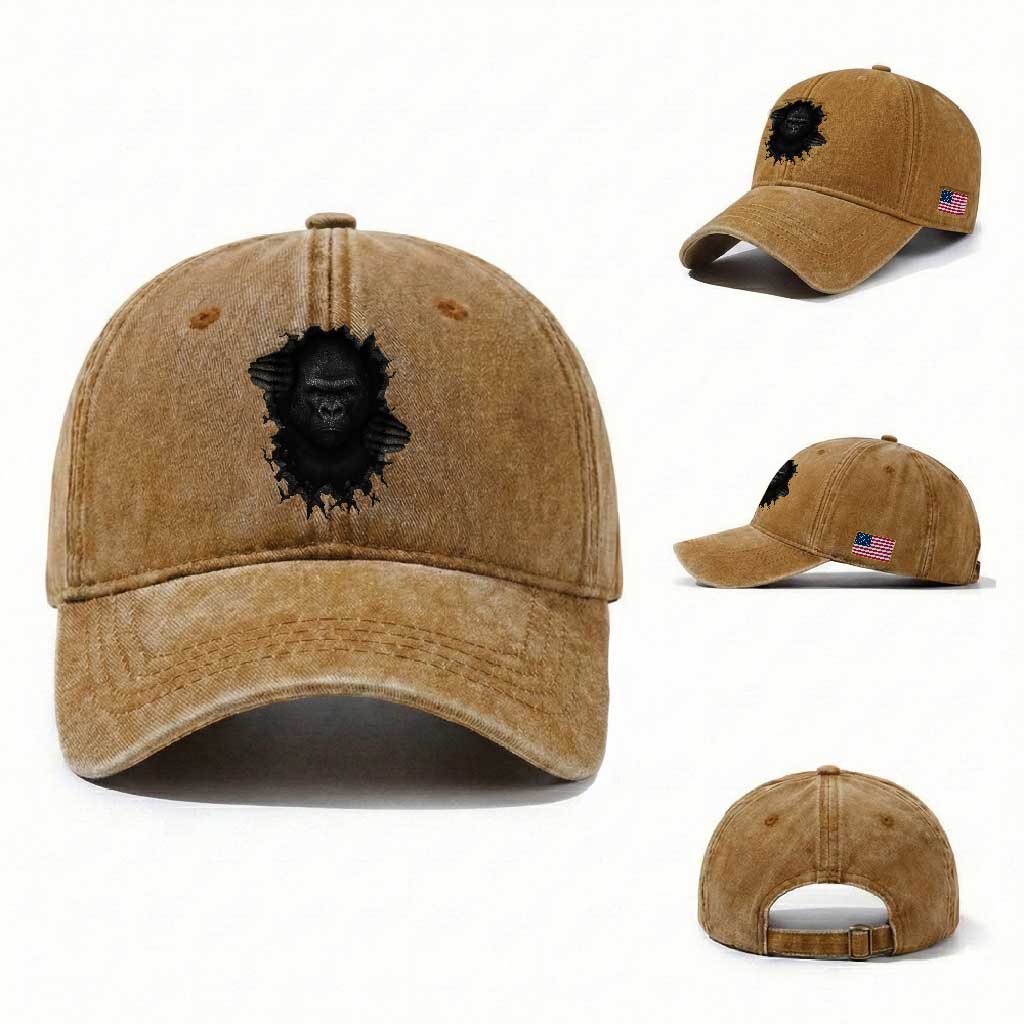 Angry Gorilla Face On Cracked Wall Washed Cotton Baseball Cap Animal Lover Gift TS12 Washed Cap Universal Fit Yellow Ochre Print Your Wear