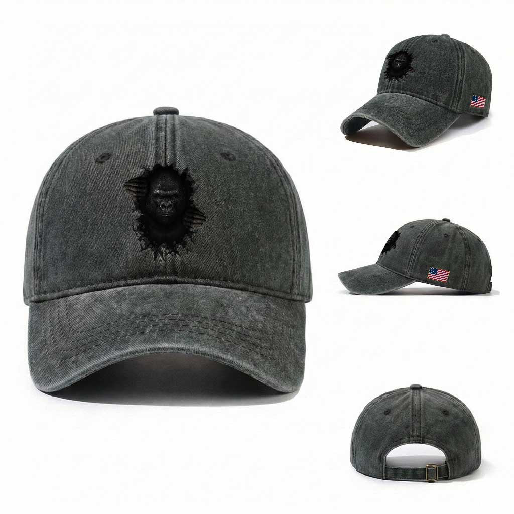 Angry Gorilla Face On Cracked Wall Washed Cotton Baseball Cap Animal Lover Gift TS12 Washed Cap Universal Fit Dark Green Print Your Wear