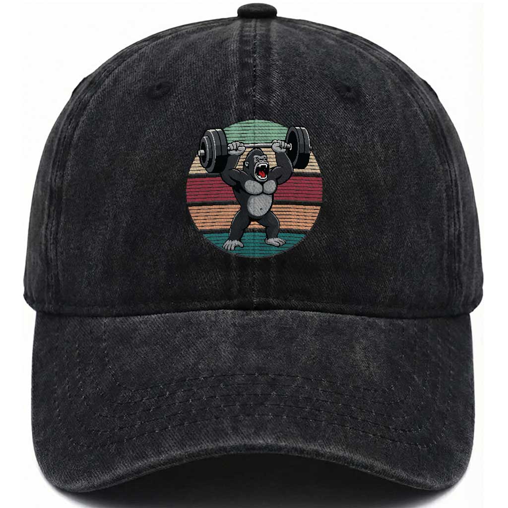 Fitness Lover Gift Washed Cotton Baseball Cap Powerlifting Gorilla Strength TS12 Washed Cap Universal Fit Black Print Your Wear