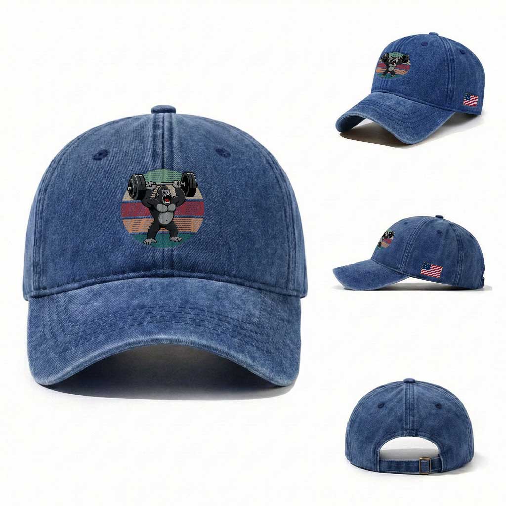 Fitness Lover Gift Washed Cotton Baseball Cap Powerlifting Gorilla Strength TS12 Washed Cap Universal Fit Royal Blue Print Your Wear